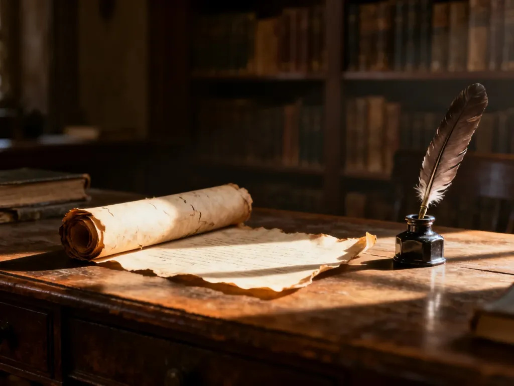 Stary zwój pergaminu z piórem i kałamarzem na drewnianym biurku, nawiązujący do historycznego pochodzenia imienia Paweł.
