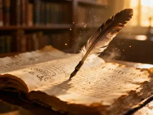 Otwarta, zabytkowa księga z kaligrafią na drewnianym stole w słonecznej bibliotece, nawiązująca do historii imienia.