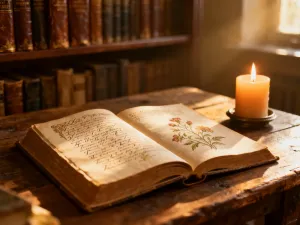 Zdobiony zwój pergaminu z kaligrafowaną literą „S” na tle bibliotecznych regałów, nawiązujący do historycznego pochodzenia imienia.