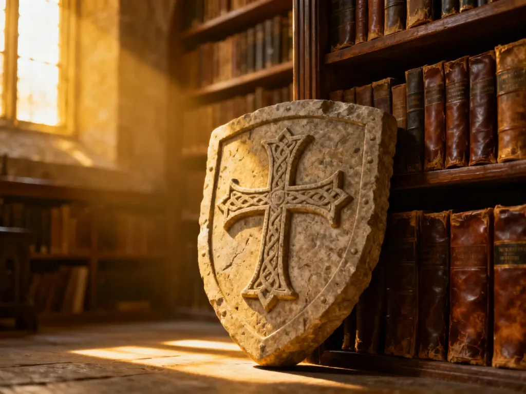 Starodawny kamienny herb z krzyżem na tle biblioteki, nawiązujący do rycerskiego pochodzenia imienia Krzysztof.
