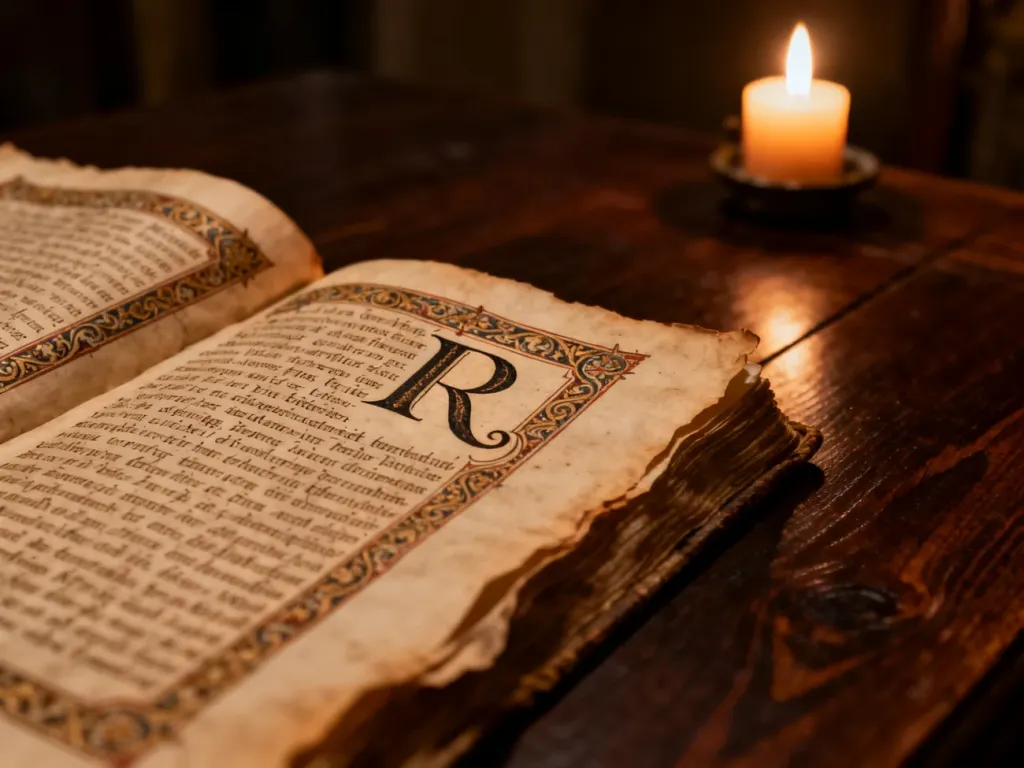 Otwarty średniowieczny manuskrypt z ozdobną literą „R” na drewnianym stole, budujący klimat dawnej uczoności.