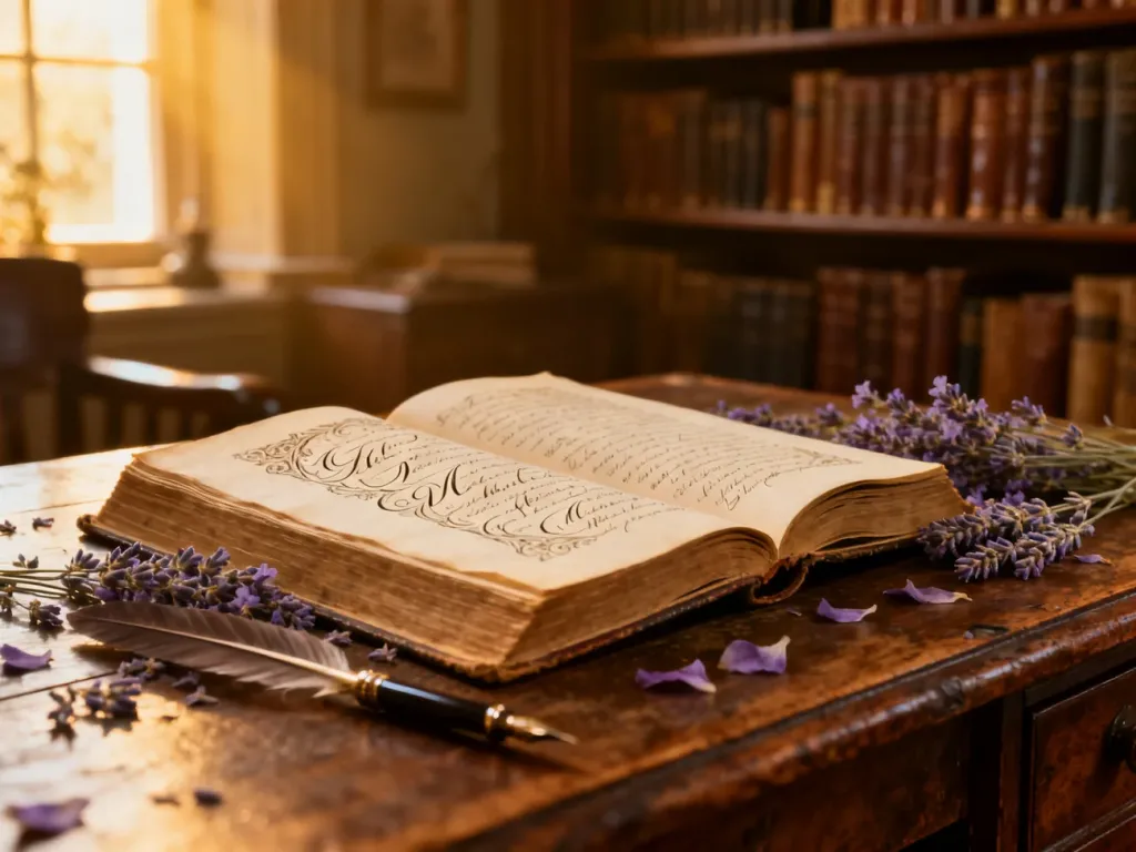 Otwarta księga z kaligrafią, piórem i suszoną lawendą na drewnianym biurku, budująca nastrojowy klimat literatury.