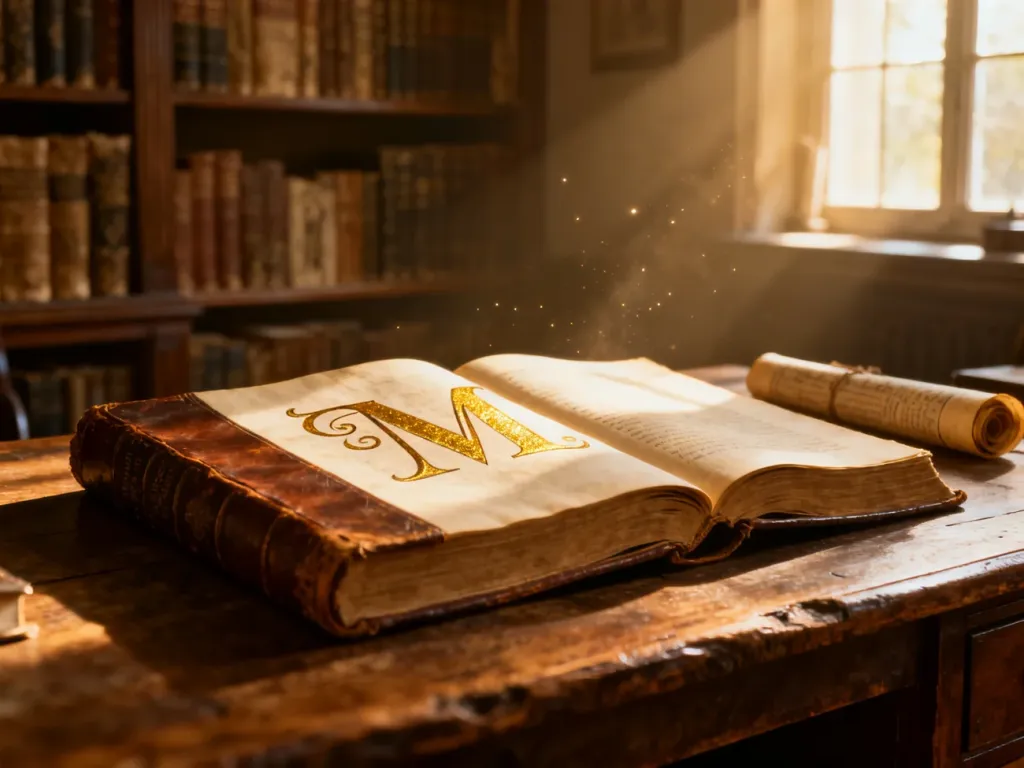 Otwarta, zabytkowa księga z ozdobną literą „M” na drewnianym biurku, nawiązująca do etymologii imienia Mateusz.
