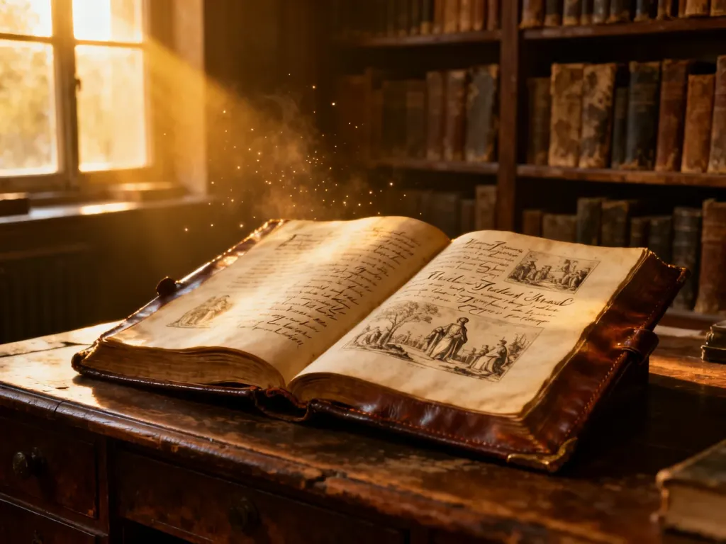 Otwarta, zabytkowa księga z kaligrafią na drewnianym biurku w przytulnej bibliotece, podkreślająca historyczny charakter imienia.