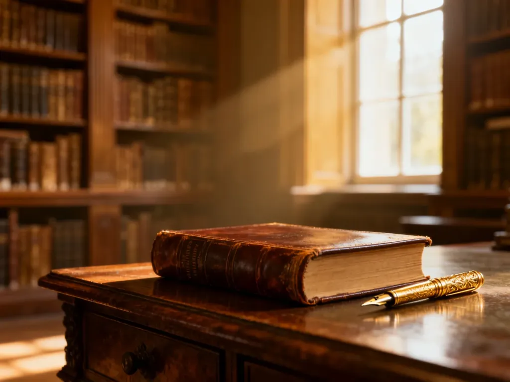 Eleganckie biurko z zabytkową księgą i piórem w klimatycznej bibliotece, symbolizujące klasyczny charakter imienia Andrzej.